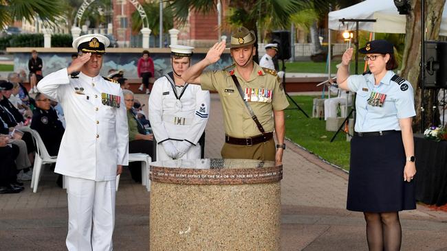 Commemoration dawn service for 80th anniversary of the Battle of the Coral Sea at Anzac Park, Townsville. Commander Alfonso Santos, Brigadier Kahlil Fegan and Wing Commander Naomi Gill. Picture: Evan Morgan