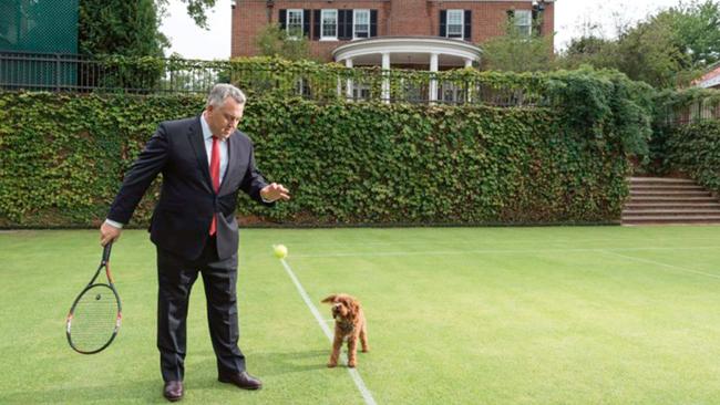 Joe Hockey on the restored tennis court at the ambassador’s residence in Washington. Picture: Joshua Yospin