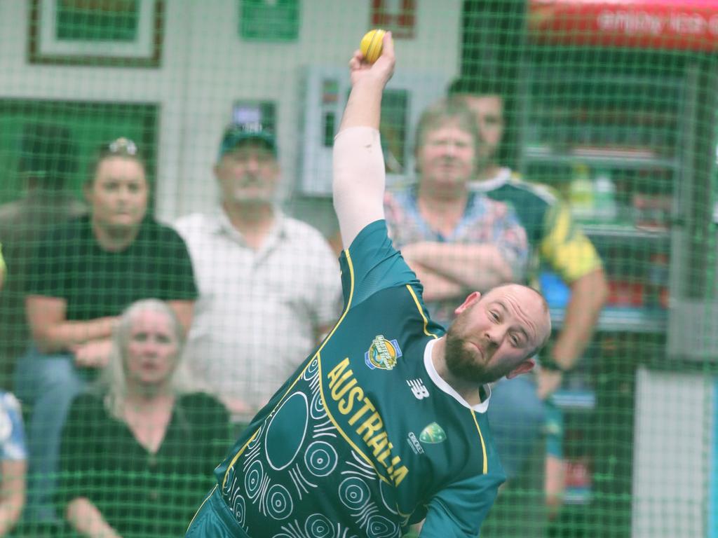 The Trans Tasman trophy for indoor cricket is being played on the Gold Coast at Ashmore. Australia v New Zealand Mens 40s . Aussie Stuart French Bowling.. Picture Glenn Hampson