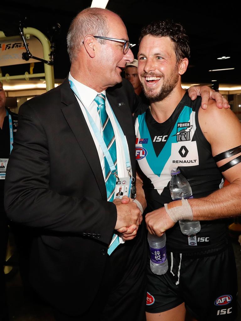 David Koch with Travis Boak. Picture: Michael Willson/AFL Media/Getty Images