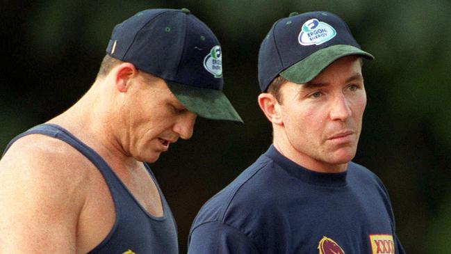 JUNE 20, 2000 : Captain Kevin Walters (L) welcomes Paul Green to Brisbane training at Red Hill, 20/06/00 after his sacking by North Queensland Cowboys. Pic David Kapernick.Rugby League