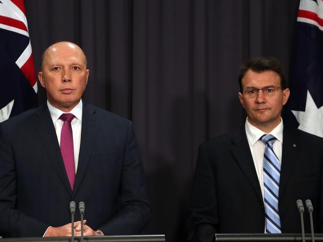 Minister for Home Affairs Peter Dutton announcing the next AFP Commissioner will be Reece Kershaw in Canberra. Picture Kym Smith