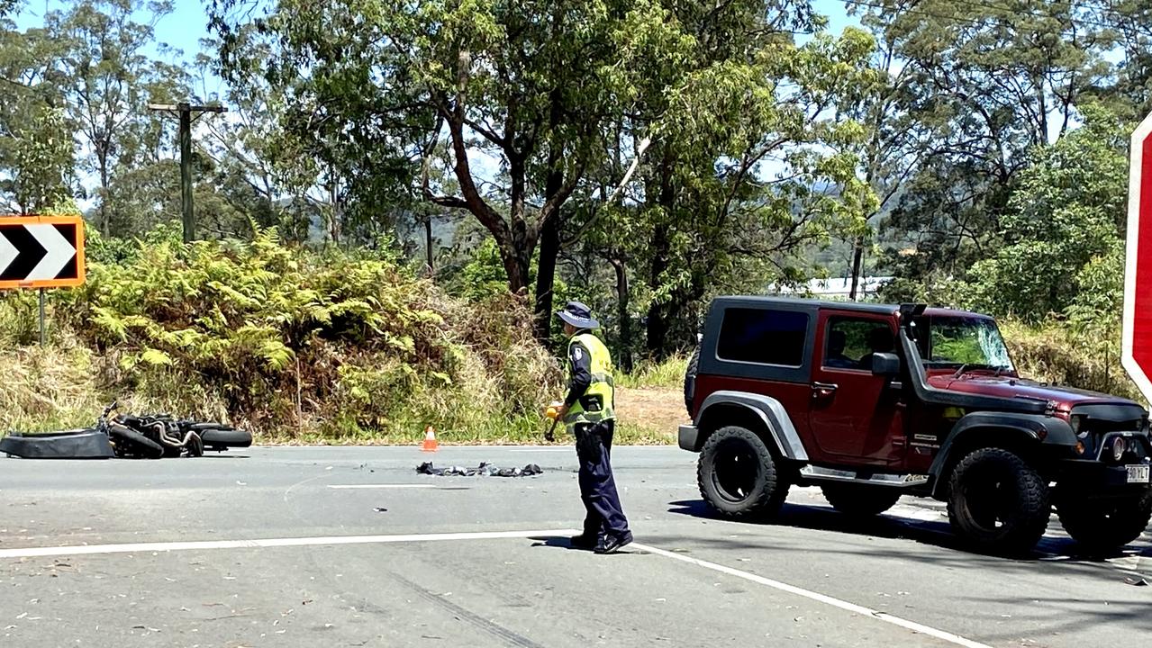 A man has been taken to Sunshine Coast University Hospital after his motorcycle was involved in a serious crash at Parsons Road and Mons Road, Forest Glen on Tuesday, October 19. Picture: Patrick Woods