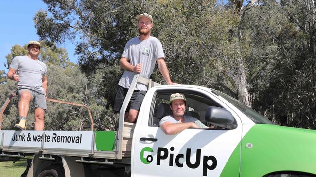 Gold Coast mates, Levi Corby, Chris Hodgetts and Daniel Hodgetts have launched PicUp, an app that connects people needing junk removed or furniture moved with ute and van drivers. Picture: Glenn Hampson