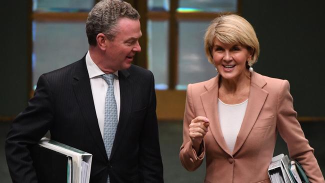 Minister for Defence Industry Christopher Pyne and Minister for Foreign Affairs Julie Bishop during Question Time in the House of Representatives at Parliament House in Canberra, Tuesday, August 21, 2018. (AAP Image/Mick Tsikas) NO ARCHIVING