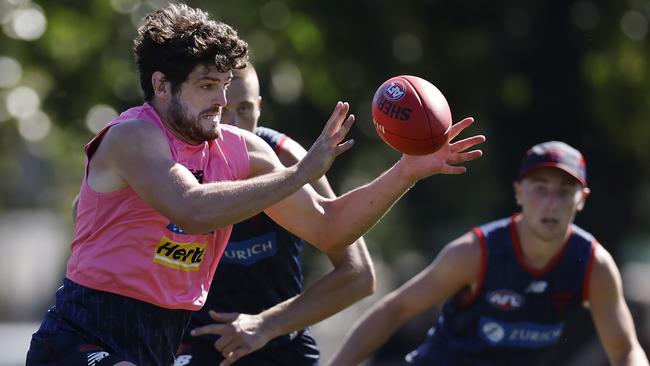 MELBOURNE , AUSTRALIA.February 12 , 2024.  Melbourne AFL football training at Goschs Paddock.   Angus Brayshaw of the Demons during todays session  . Pic: Michael Klein