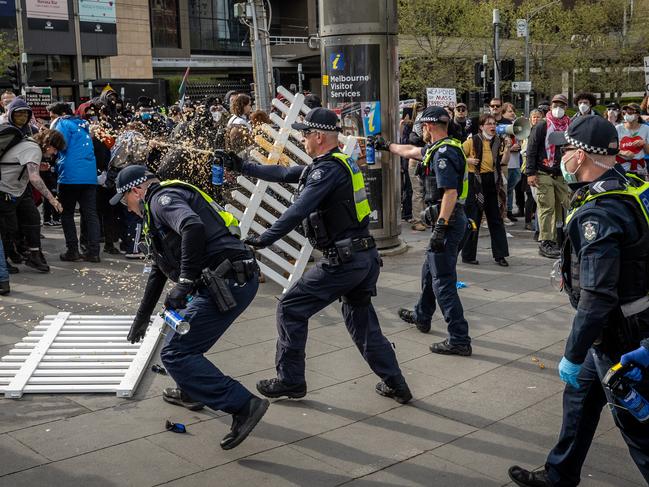 The protest is a sinister attempt to shut down by force an exhibition of the latest weapons to defend ourselves. Picture: Jake Nowakowski