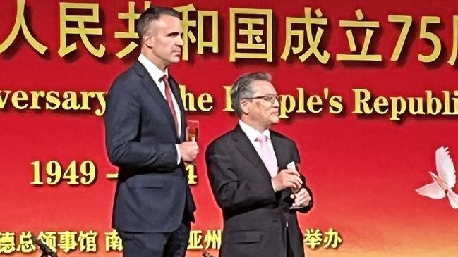 Premier Peter Malinauskas and China’s South Australian Consul-General Li Dong share a toast at the reception. Picture: Paul Starick