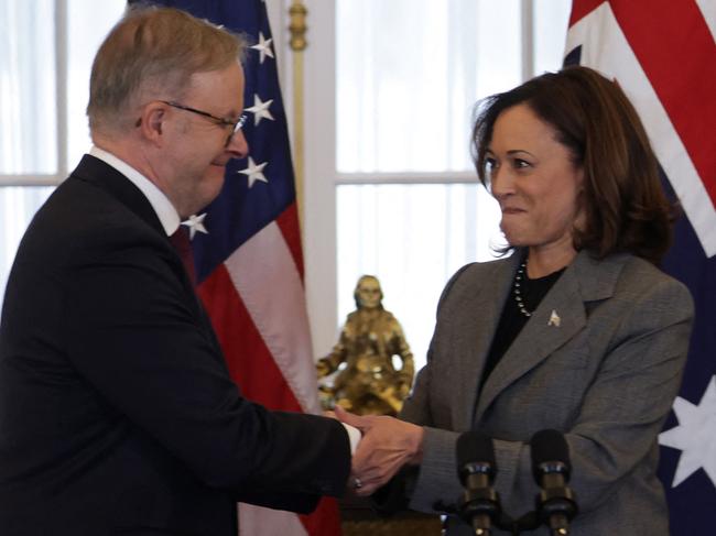 WASHINGTON, DC - OCTOBER 26: Australian Prime Minister Anthony Albanese (L) shakes hands with U.S. Vice President Kamala Harris (R) during a luncheon at the State Department on October 26, 2023 in Washington, DC. Prime Minister Albanese is on a state visit in the U.S.   Alex Wong/Getty Images/AFP (Photo by ALEX WONG / GETTY IMAGES NORTH AMERICA / Getty Images via AFP)