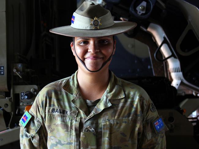 Australian Army soldier Private Grace Bailey is a Specialist Driver posted to Darwin's 8th/12th Regiment, Royal Australian Artillery, NT. When uniformed personnel wear the slouch hat they honour the Anzac Spirit, including all the generations, communities and families who have served and sacrificed to protect and better the nation. Picture: ADF