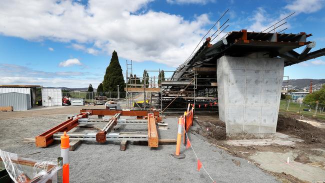 Work in progress on the Remembrance Bridge between the Domain and the Hobart Cenotaph. Picture: NIKKI DAVIS-JONES