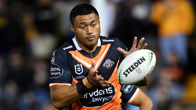 Tigers prop Stefano Utoikamanu has been sidelined with a syndesmosis injury. Picture: NRL Photos