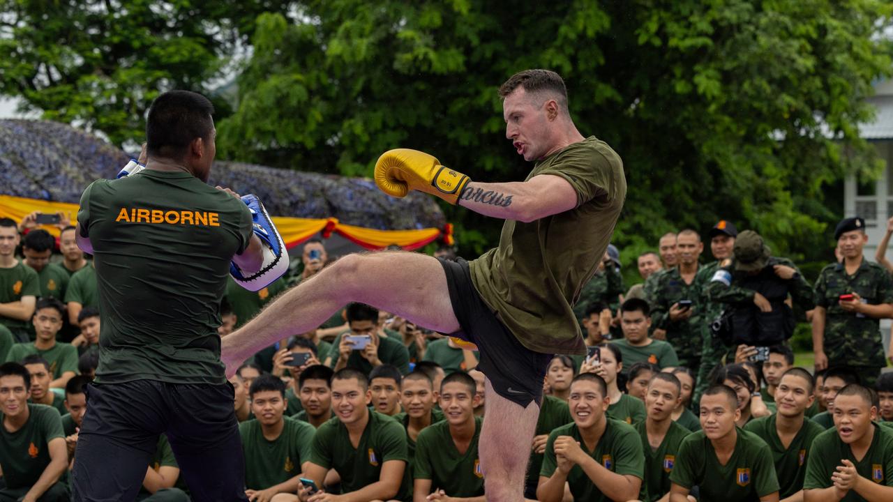 Lieutenant Felix Jenney spars with champion Muay Thai fighter Sombat “Buakaw” Banchamek on Exercise Chapel Gold 2024 in Chiang Rai, Thailand. Picture Supplied.