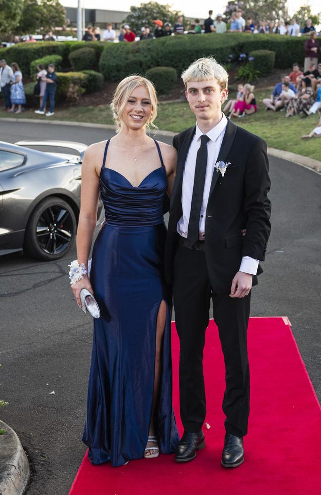 Graduate Tayla Horrobin and partner Declan Hewitt arrive at Mary MacKillop Catholic College formal at Highfields Cultural Centre, Thursday, November 14, 2024. Picture: Kevin Farmer