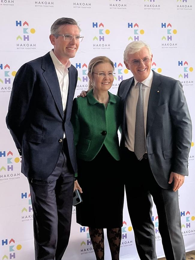 NSW Premier Dominic Perrottet, Vaucluse MP Gabrielle Upton and Hakoah Club President Steven Lowy on Friday.