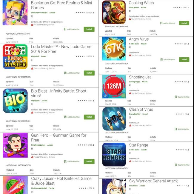 Some of the apps that appeared on Google Play store that were reported in relation to Agent Smith. Picture: Check Point