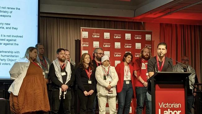 In an photo posted on the Facebook account of Hamish McPherson, president of Labor's Benalla-Euroa Branch in Victoria, delegates attending the Victorian Labor state conference are seen wearing keffiyehs. Picture: Facebook