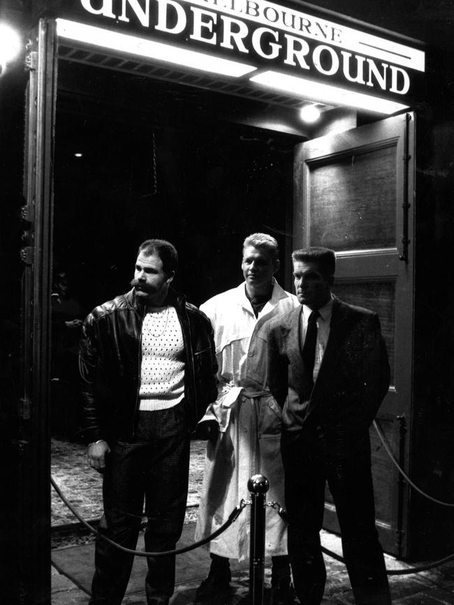 Bouncers at the entrance to the Underground nightclub in the late 1980s.