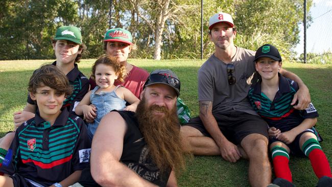 Lewis Hensley, 11, Kane Hensley, 12, Ayla Hensley 2, Tarsh Hensley, Leith Hensley, Stu Mackenzie and Jax Mackenzie, 10, at Sunshine Coast Stadium on Sunday, February 12, 2023. Picture: Katrina Lezaic