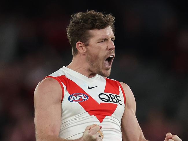 MELBOURNE, AUSTRALIA - AUGUST 16: Luke Parker of the Swans celebrates kicking a goal during the round 23 AFL match between Essendon Bombers and Sydney Swans at Marvel Stadium, on August 16, 2024, in Melbourne, Australia. (Photo by Daniel Pockett/Getty Images)