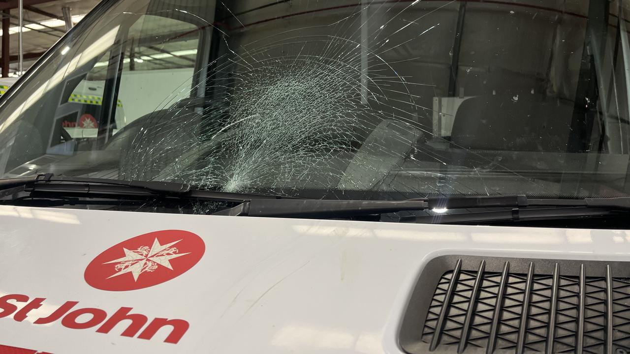 A windscreen smashed during a triple-0 response, with a man charged over the alleged incident. Picture: St John Ambulance