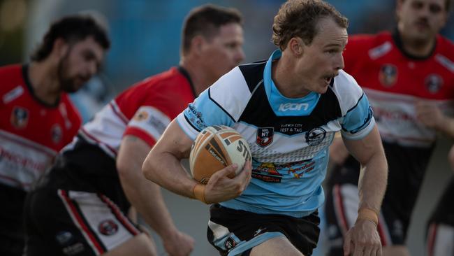 Northern Sharks' Lachie Wright scored a hat trick against Litchfield in the 2023 NRL NT grand final. Picture: Pema Tamang Pakhrin