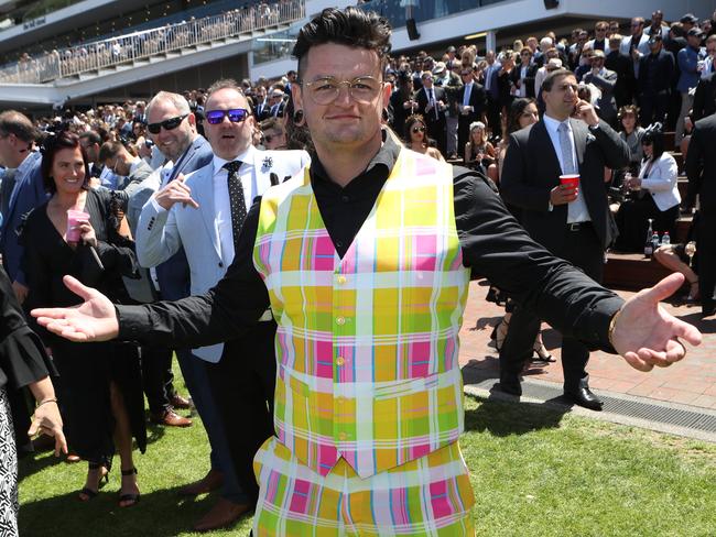 David Alford of Geelong in a colourful outfit at Flemington. Picture: David Crosling