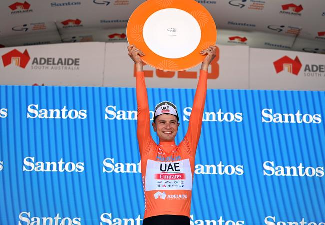 Jay Vine celebrates his Tour Down Under win. Picture: Tim de Waele/Getty Images