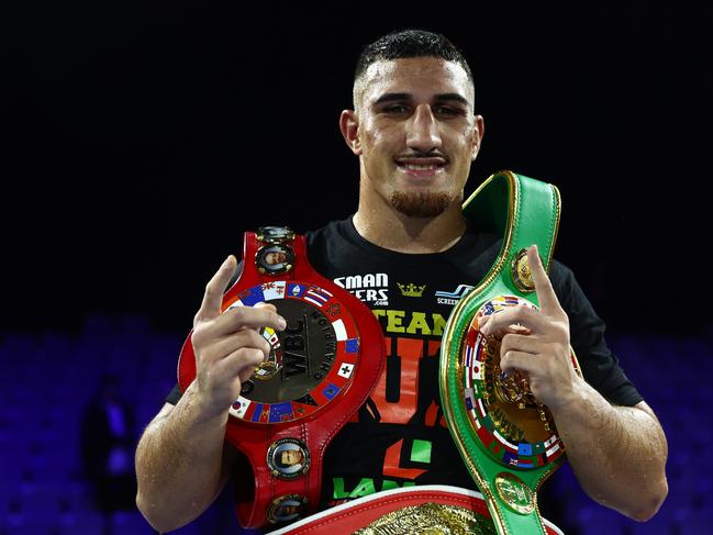 BRISBANE, AUSTRALIA - JUNE 15: Justis Huni celebrates winning the Heavyweight WBO Oriental & IBF Pan-Pacific Regional title bout between Justis Huni and Joe Goodall at Nissan Arena on June 15, 2022 in Brisbane, Australia. (Photo by Chris Hyde/Getty Images)