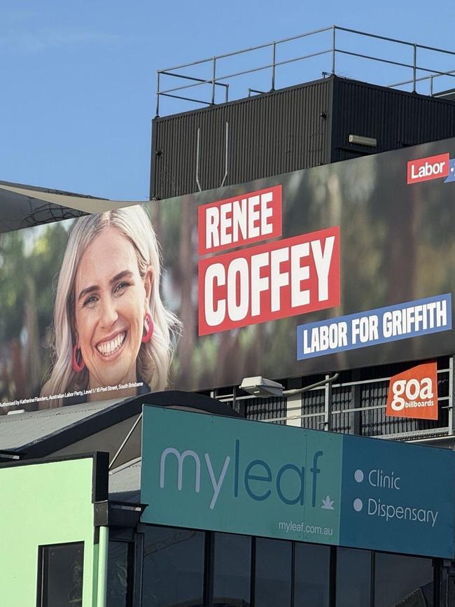 The Renee Coffey billboard across the road from Max Chandler-Mather’s office in Griffith. Picture: Supplied