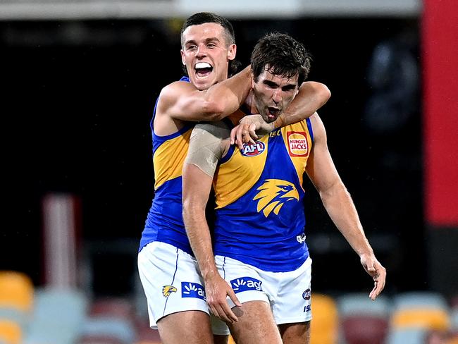 BRISBANE, AUSTRALIA - SEPTEMBER 10: Andrew Gaff of the Eagles celebrates kicking a goal during the round 17 AFL match between the St Kilda Saints and the West Coast Eagles at The Gabba on September 10, 2020 in Brisbane, Australia. (Photo by Bradley Kanaris/Getty Images)