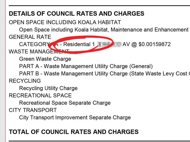 A City of Gold Coast Council bill showing the ‘Residential 1’ rating category – which is used for owner occupied homes.