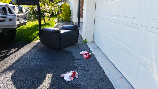 Bloodied towels left at the scene of the shooting and axe attack at the Littlehampton house in 2017. Picture: Brenton Edwards