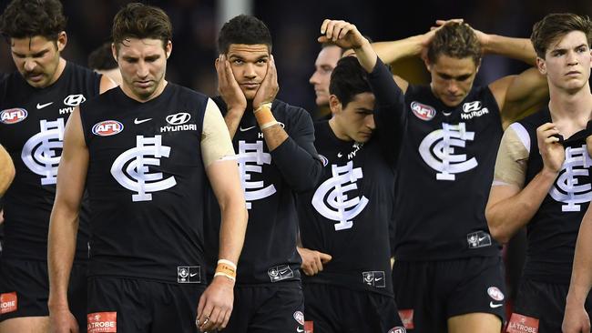 The Blues look dejected after losing to Fremantle. Picture: Getty Images