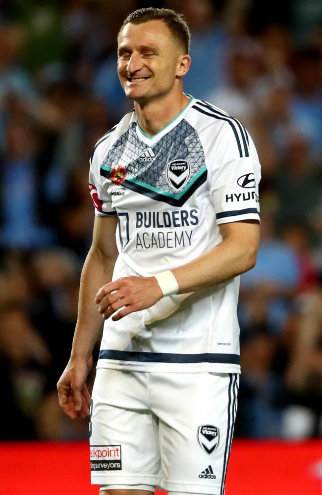 Soon to be a naturalised Australian, Victory’s Besart Berisha will be smiling if his side could somehow pull off a Steven Gerrard coup. Picture: Gregg Porteous