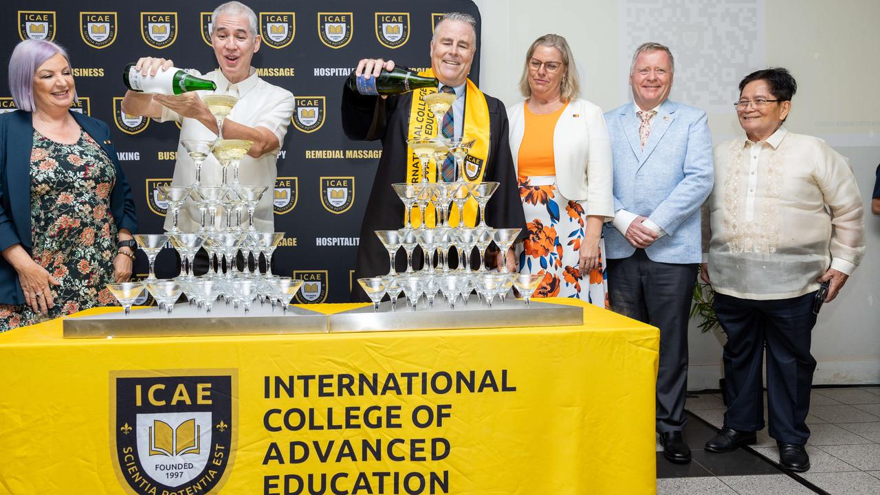 Minister Robyn Cahill, Governor Eugenio Jose Villareal Lacson, Sean Mahoney Chief executive, Minister Marie-Clare Boothby, Brian O'Gallagher and John Rivas at the International College of Advanced Education Graduation, May 2025. Picture: Pema Tamang Pakhrin