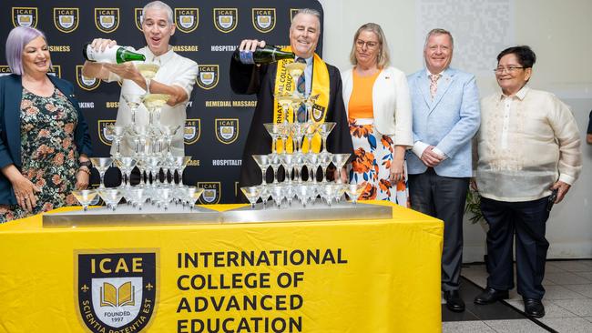 Minister Robyn Cahill, Governor Eugenio Jose Villareal Lacson, Sean Mahoney Chief executive, Minister Marie-Clare Boothby, Brian O'Gallagher and John Rivas at the International College of Advanced Education Graduation, May 2025. Picture: Pema Tamang Pakhrin