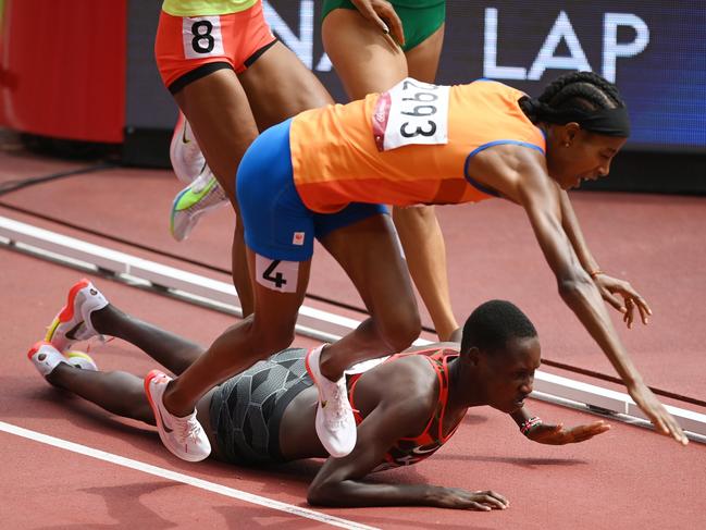 Sifan Hassan goes down in her 1500m heat. Picture: Getty Images