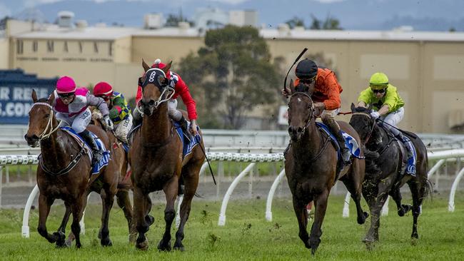 Race 6 winner Soft Top (orange top on right), ridden by jockey Ryan Plumb on Saturday at the Gold Coast Turf Club. Picture: Jerad Williams