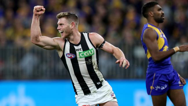 Taylor Adams celebrates a goal last week as the Magpies went to close to beating West Coast in the qualifying final. Picture: AAP