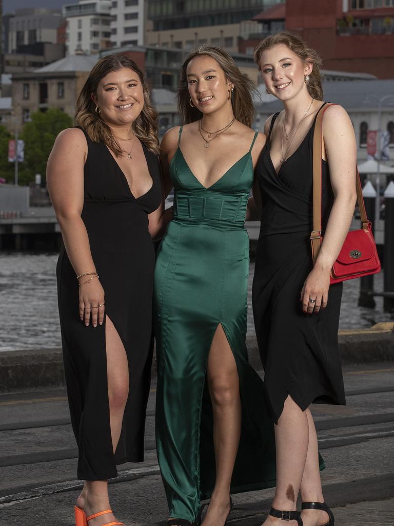 Hobart College leavers Dinner 2021 at the Hobart Function and Conference Centre, Leyna Doi, Julia Woods and Katja Cook. Picture: Chris Kidd