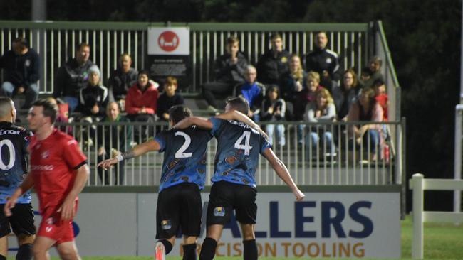 Daniel Goni (left) and Marko Milutinovic celebrate a goal for Magpies Crusaders. Picture: Matthew Forrest