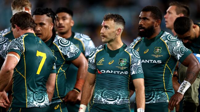 SYDNEY, AUSTRALIA – OCTOBER 31: Nic White of the Wallabies looks on during the 2020 Tri-Nations and Bledisloe Cup match between the Australian Wallabies and the New Zealand All Blacks at ANZ Stadium on October 31, 2020 in Sydney, Australia. (Photo by Cameron Spencer/Getty Images)