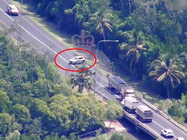 Dramatic footage has been released of the moment an 18-year-old was arrested after quick-thinking truckies helped authorities stop an allegedly stolen vehicle in Cairns. Picture: QPS.