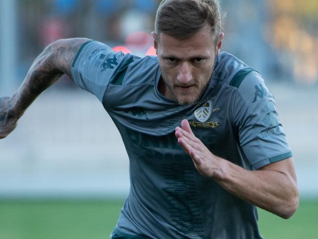 Liam Cooper in action during a Leeds United training session at NSW Rugby League Centre of Excellence in Sydney, Friday, July 19, 2019. Leeds United will play the Western Sydney Wanderers for the first time at Bankwest Stadium on Saturday. (AAP Image/Paul Braven) NO ARCHIVING