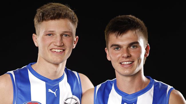 MELBOURNE, AUSTRALIA - NOVEMBER 21: Zane Duursma (L) and Colby McKercher of the Kangaroos pose for a photograph during the 2023 AFL Draft at Marvel Stadium on November 21, 2023 in Melbourne, Australia. (Photo by Daniel Pockett/Getty Images)