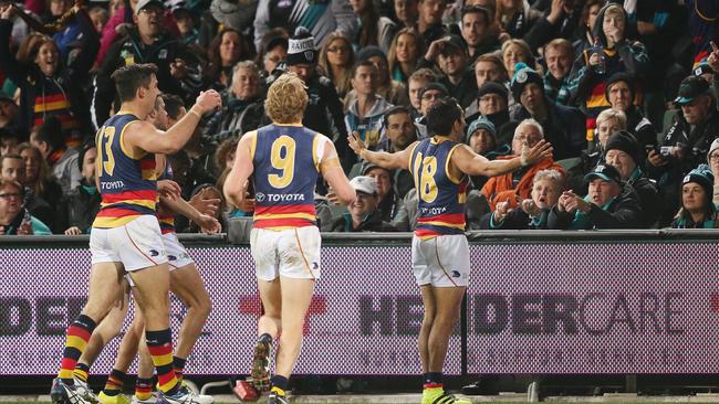 Eddie Betts appeals to the crowd after scoring a goal. Picture: Ben Macmahon/AAP