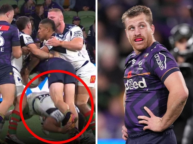 Taane Milne's horror tackle on Cam Munster. Photos: Fox Sports/Getty Images