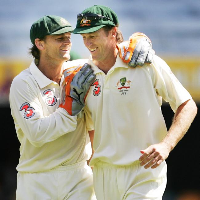 Former teammates Adam Gilchrist (l) and Glenn McGrath have different opinions on who should captain Australia next (see below for McGrath’s call).