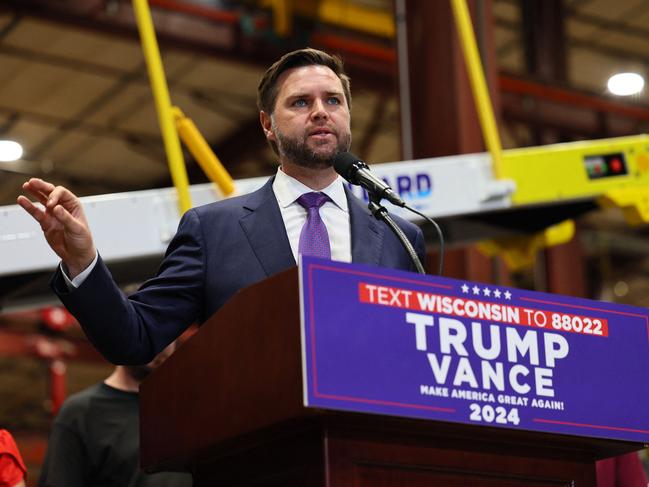 EAU CLAIRE, WI - AUGUST 07: Republican vice presidential candidate, Sen. J.D. Vance (R-OH) speaks at NMC-Wollard Inc. / Wollard International on August 07, 2024 in Eau Claire, Wisconsin. Vance and Democratic presidential candidate, U.S. Vice President Kamala Harris are both set to speak at competing events in the same battleground state this week.   Adam Bettcher/Getty Images/AFP (Photo by Adam Bettcher / GETTY IMAGES NORTH AMERICA / Getty Images via AFP)